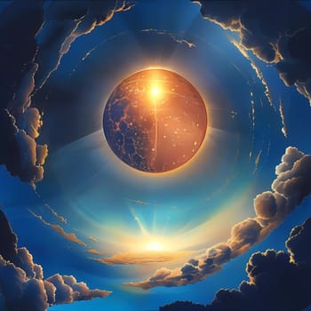 An ethereal celestial landscape unfolds with a radiant planet at its center, enveloped by soft clouds and illuminated by a warm twilight glow, creating a serene atmosphere. Generative AI.