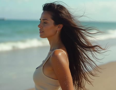 A brunette woman stands at the beach, her hair flowing in the breeze, enjoying a sunny day by the ocean while wearing a stylish swimsuit. The waves softly reach the shore. Generative AI.
