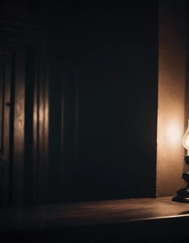 A flickering lamp illuminates a darkened room filled with deep shadows, suggesting a chilling presence and an unsettling ambiance that lingers in the air. Generative AI.