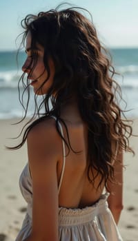 A brunette woman stands at the beach, her hair flowing in the breeze, enjoying a sunny day by the ocean while wearing a stylish swimsuit. The waves softly reach the shore. Generative AI.