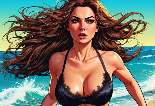 A woman enjoys a lively day at the beach, running along the shoreline in a swimsuit, her long hair flowing freely in the ocean breeze while the waves gently lap at her feet. Big bust. Generative AI.