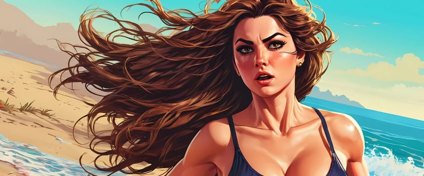 A woman enjoys a lively day at the beach, running along the shoreline in a swimsuit, her long hair flowing freely in the ocean breeze while the waves gently lap at her feet. Big bust. Generative AI.