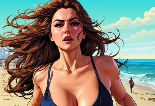 A woman enjoys a lively day at the beach, running along the shoreline in a swimsuit, her long hair flowing freely in the ocean breeze while the waves gently lap at her feet. Big bust. Generative AI.