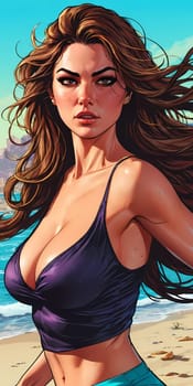 A woman enjoys a lively day at the beach, running along the shoreline in a swimsuit, her long hair flowing freely in the ocean breeze while the waves gently lap at her feet. Big bust. Generative AI.
