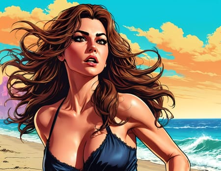 A woman enjoys a lively day at the beach, running along the shoreline in a swimsuit, her long hair flowing freely in the ocean breeze while the waves gently lap at her feet. Big bust. Generative AI.