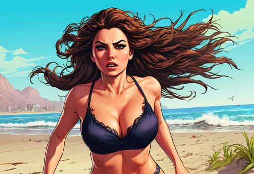A woman enjoys a lively day at the beach, running along the shoreline in a swimsuit, her long hair flowing freely in the ocean breeze while the waves gently lap at her feet. Big bust. Generative AI.