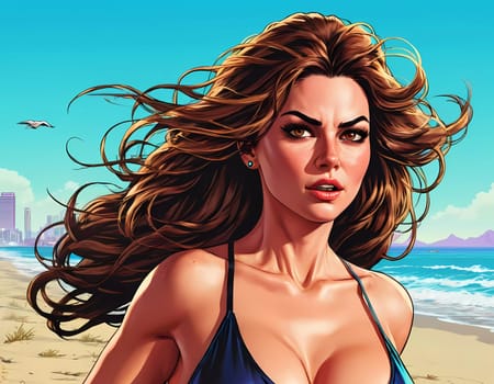 A woman enjoys a lively day at the beach, running along the shoreline in a swimsuit, her long hair flowing freely in the ocean breeze while the waves gently lap at her feet. Big bust. Generative AI.