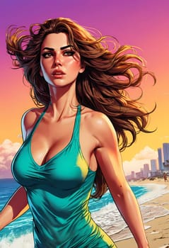 A woman enjoys a lively day at the beach, running along the shoreline in a swimsuit, her long hair flowing freely in the ocean breeze while the waves gently lap at her feet. Big bust. Generative AI.