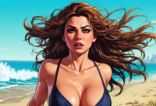 A woman enjoys a lively day at the beach, running along the shoreline in a swimsuit, her long hair flowing freely in the ocean breeze while the waves gently lap at her feet. Big bust. Generative AI.