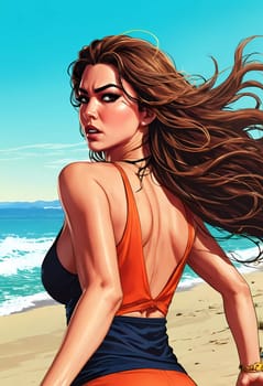A woman enjoys a lively day at the beach, running along the shoreline in a swimsuit, her long hair flowing freely in the ocean breeze while the waves gently lap at her feet. Big bust. Generative AI.