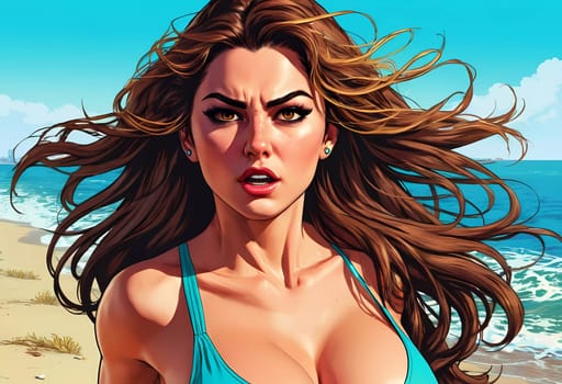 A woman enjoys a lively day at the beach, running along the shoreline in a swimsuit, her long hair flowing freely in the ocean breeze while the waves gently lap at her feet. Big bust. Generative AI.