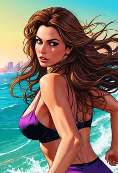 A woman enjoys a lively day at the beach, running along the shoreline in a swimsuit, her long hair flowing freely in the ocean breeze while the waves gently lap at her feet. Big bust. Generative AI.