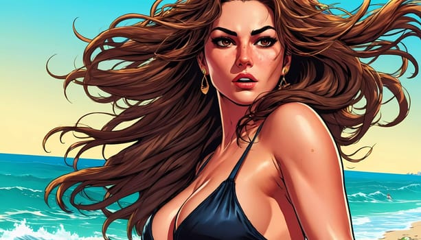 A woman enjoys a lively day at the beach, running along the shoreline in a swimsuit, her long hair flowing freely in the ocean breeze while the waves gently lap at her feet. Big bust. Generative AI.