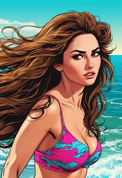 A woman enjoys a lively day at the beach, running along the shoreline in a swimsuit, her long hair flowing freely in the ocean breeze while the waves gently lap at her feet. Big bust. Generative AI.