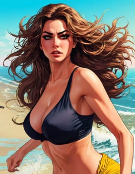 A woman enjoys a lively day at the beach, running along the shoreline in a swimsuit, her long hair flowing freely in the ocean breeze while the waves gently lap at her feet. Big bust. Generative AI.