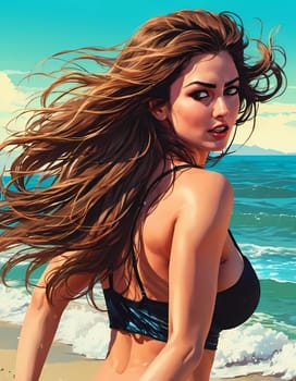 A woman enjoys a lively day at the beach, running along the shoreline in a swimsuit, her long hair flowing freely in the ocean breeze while the waves gently lap at her feet. Big bust. Generative AI.