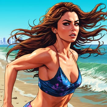 A woman enjoys a lively day at the beach, running along the shoreline in a swimsuit, her long hair flowing freely in the ocean breeze while the waves gently lap at her feet. Big bust. Generative AI.