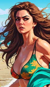 A woman enjoys a lively day at the beach, running along the shoreline in a swimsuit, her long hair flowing freely in the ocean breeze while the waves gently lap at her feet. Big bust. Generative AI.