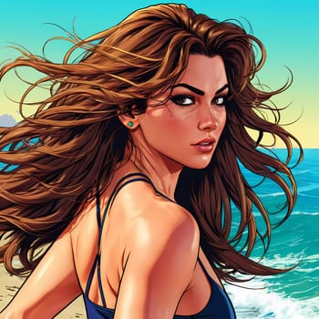 A woman enjoys a lively day at the beach, running along the shoreline in a swimsuit, her long hair flowing freely in the ocean breeze while the waves gently lap at her feet. Big bust. Generative AI.