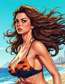 A woman enjoys a lively day at the beach, running along the shoreline in a swimsuit, her long hair flowing freely in the ocean breeze while the waves gently lap at her feet. Big bust. Generative AI.
