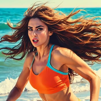 A woman enjoys a lively day at the beach, running along the shoreline in a swimsuit, her long hair flowing freely in the ocean breeze while the waves gently lap at her feet. Big bust. Generative AI.