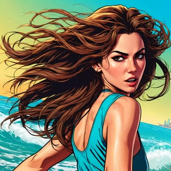 A woman enjoys a lively day at the beach, running along the shoreline in a swimsuit, her long hair flowing freely in the ocean breeze while the waves gently lap at her feet. Big bust. Generative AI.