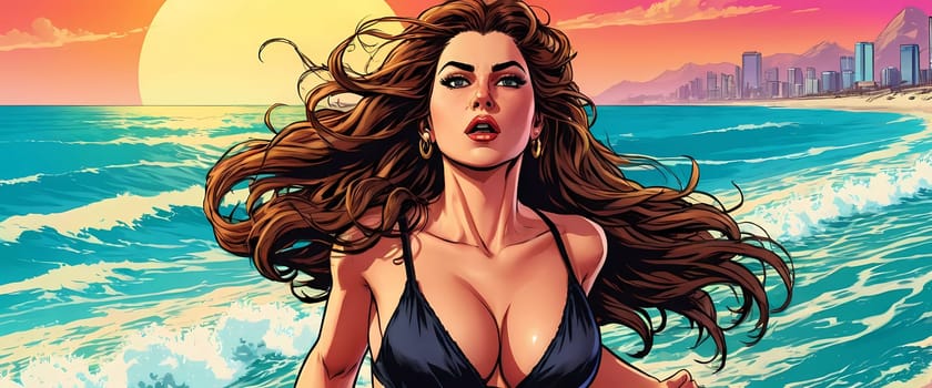 A woman enjoys a lively day at the beach, running along the shoreline in a swimsuit, her long hair flowing freely in the ocean breeze while the waves gently lap at her feet. Big bust. Generative AI.