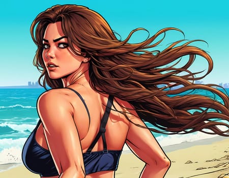 A woman enjoys a lively day at the beach, running along the shoreline in a swimsuit, her long hair flowing freely in the ocean breeze while the waves gently lap at her feet. Big bust. Generative AI.