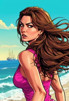 A woman enjoys a lively day at the beach, running along the shoreline in a swimsuit, her long hair flowing freely in the ocean breeze while the waves gently lap at her feet. Big bust. Generative AI.