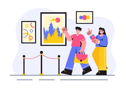 Photo Gallery Vector Illustration featuring Museum Visitors Viewing an Exhibition of Modern Abstract Paintings and Pictures in a Contemporary Design