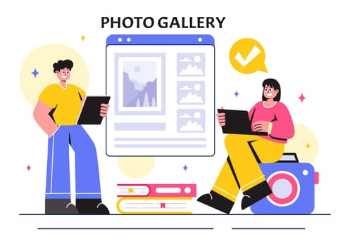Photo Gallery Vector Illustration featuring Museum Visitors Viewing an Exhibition of Modern Abstract Paintings and Pictures in a Contemporary Design