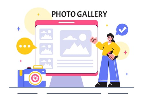 Photo Gallery Vector Illustration featuring Museum Visitors Viewing an Exhibition of Modern Abstract Paintings and Pictures in a Contemporary Design