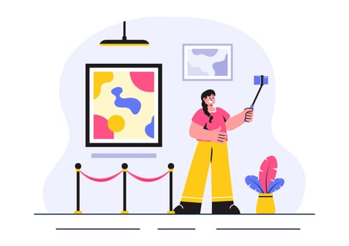 Photo Gallery Vector Illustration featuring Museum Visitors Viewing an Exhibition of Modern Abstract Paintings and Pictures in a Contemporary Design