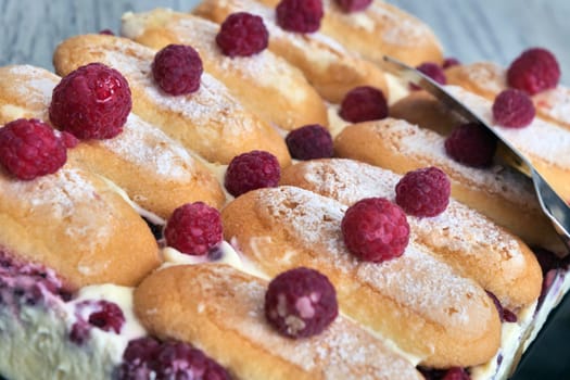 A tray of pastries with raspberries on top. The pastries are small and look like they are made of cake