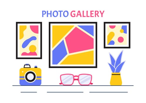 Photo Gallery Vector Illustration featuring Museum Visitors Viewing an Exhibition of Modern Abstract Paintings and Pictures in a Contemporary Design