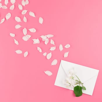 Creative flat lay concept top view of blank letter mock up and apple tree flowers petals on pastel pink square background with copy space in minimal style, template for text