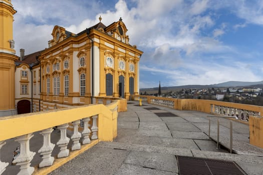 Melk, Austria - February 24, 2023: Melk Abbey, view of courtyard and terrace in front of Collegiate Church, St. Peter and St. Paul church