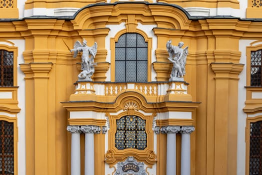 Melk, Austria - February 24, 2023: Melk Abbey, view of facade of Collegiate Church, St. Peter and St. Paul church