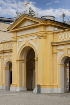 Melk, Austria - February 24, 2023: Melk Abbey on hill above town, main entrance. It was was founded in 11th century, today's baroque abbey was built in 18th century