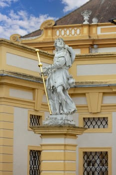 Melk, Austria - February 24, 2023: Melk Abbey on hill above town, main entrance. It was was founded in 11th century, today's baroque abbey was built in 18th century