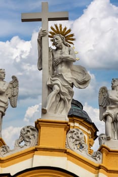 Melk, Austria - February 24, 2023: Melk Abbey, view of saint statues on top of Collegiate Church, St. Peter and St. Paul church