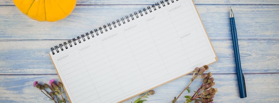 Long wide banner Top view of autumn orange pumpkins and dry flowers with grass background over blue toned wooden table with blank timetable mock up and copy space in rustic style, template for text