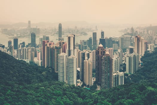 Haze Hong Kong downtown view from Victoria peak. Filtered shot