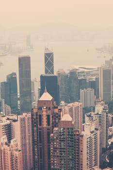 Haze Hong Kong downtown view from Victoria peak. Filtered shot