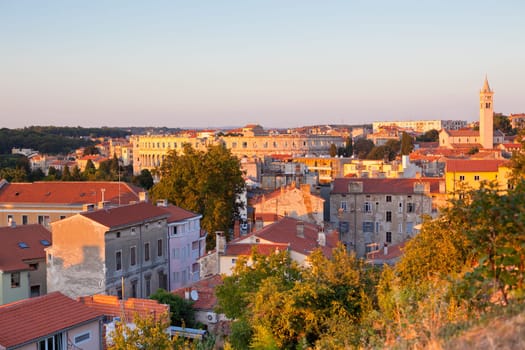 View of Pula, Croatia cityscape at sunset from above