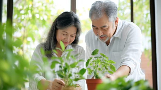 Couple caring houseplants at home. Asian mature man and woman with green plants. AI Generated