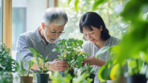 Couple caring houseplants at home. Multiracial middle aged man and woman with green plants. AI Generated