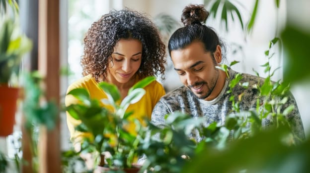 Couple caring houseplants at home. Multiracial middle aged man and woman with green plants. AI Generated