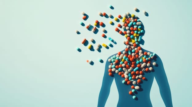 Human figure made of assorted pills on color background, symbolizing healthcare, AI Generated