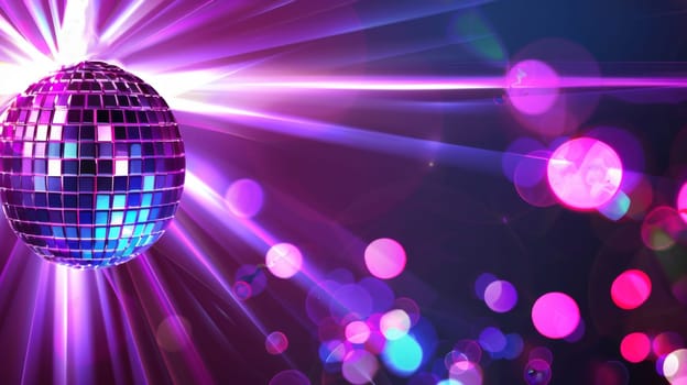 Disco ball reflecting neon lights creates vibrant party atmosphere, background, AI generated